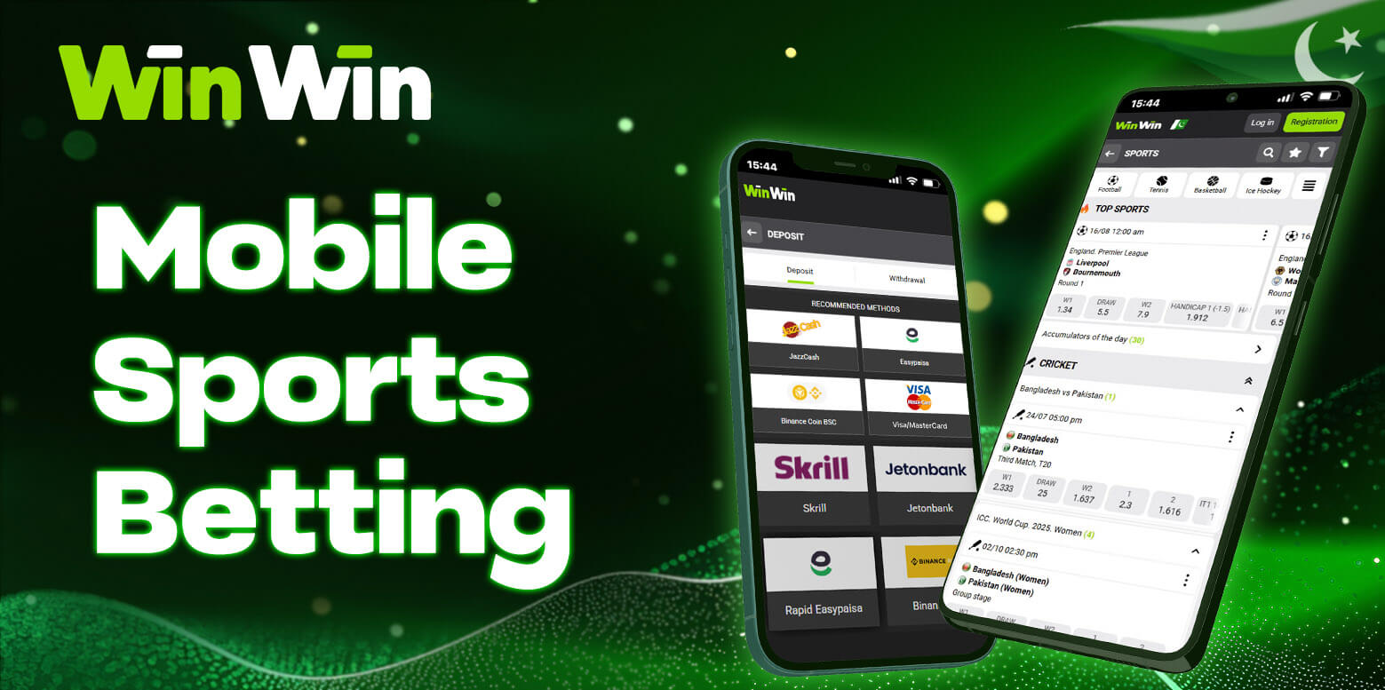 WinWin mobile sports betting app screenshots on Android and iOS devices